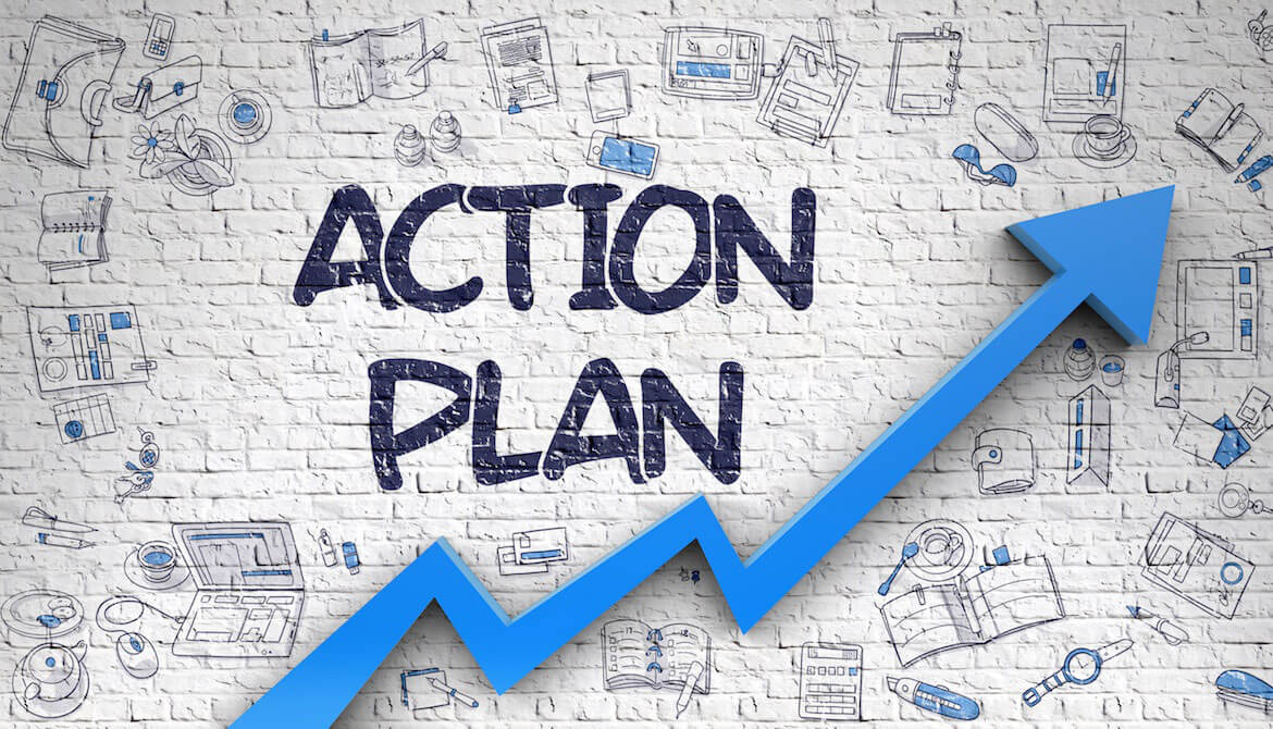 Action Plan Inscription on the Line Style Illustration. with Blue Arrow and Doodle Design Icons Around. Action Plan 