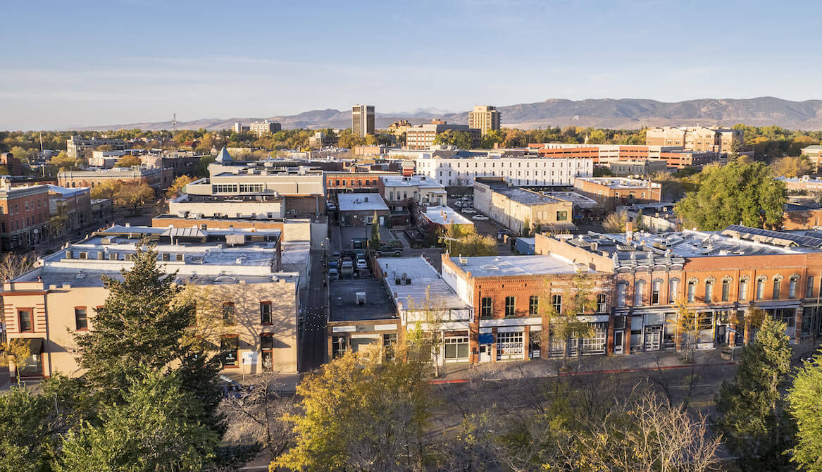 Aerial view of downtown Fort Collins, Colorado