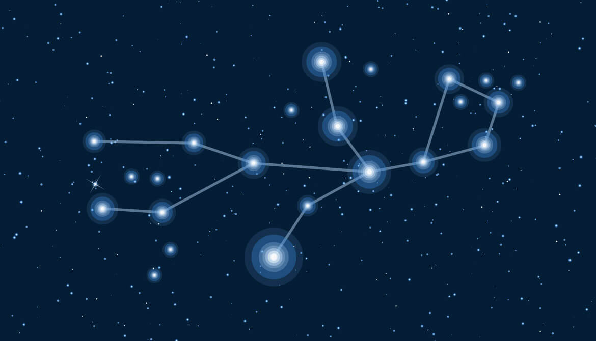 Pisces zodiac constellations sign with forest landscape silhouette on beautiful starry sky with galaxy and space behind. 