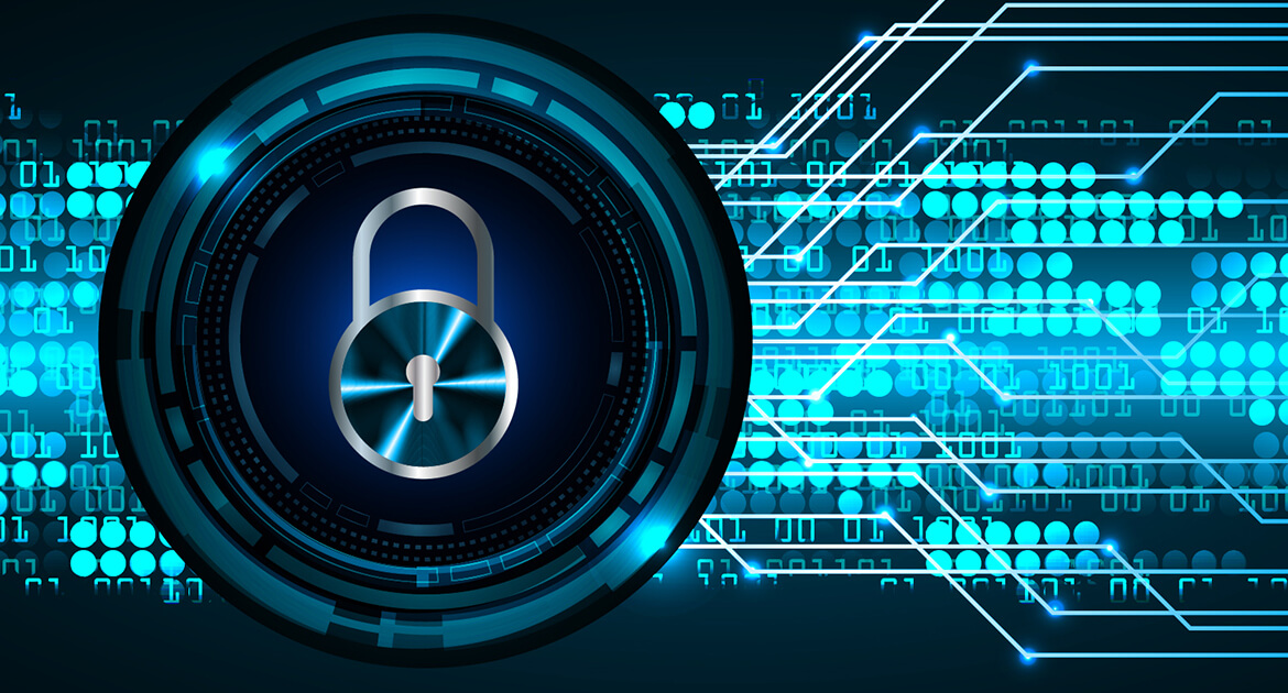 Graphic of a locked padlock on a data vault representing cybersecurity