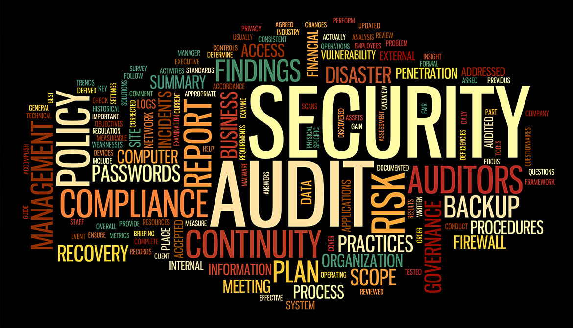 Security audit in word tag cloud on black