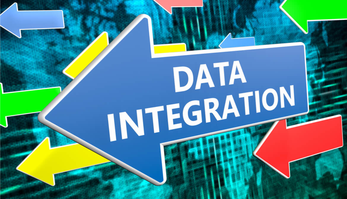 Data Integration text concept on blue arrow flying over green world map background