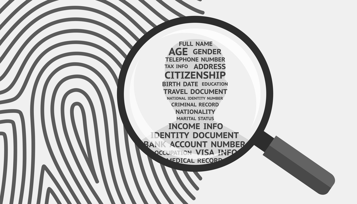 fingerprint with a list of privacy terms and a magnifying glass