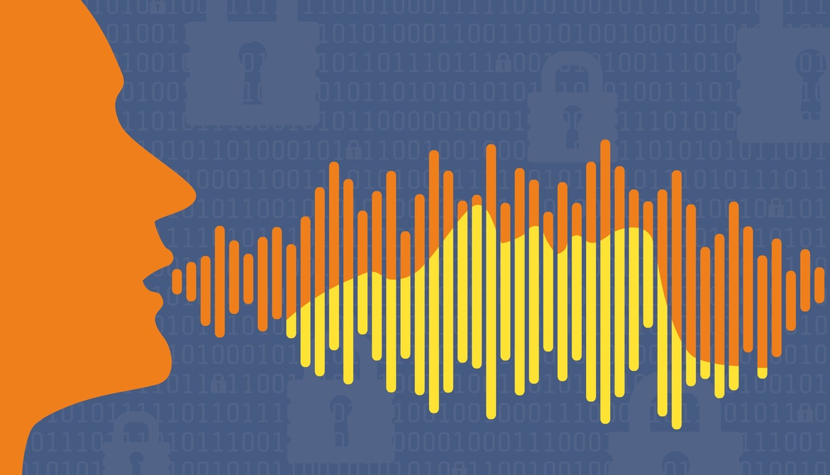 Illustration of person speaking with sound waves over a background of 1s and 0s and padlocks