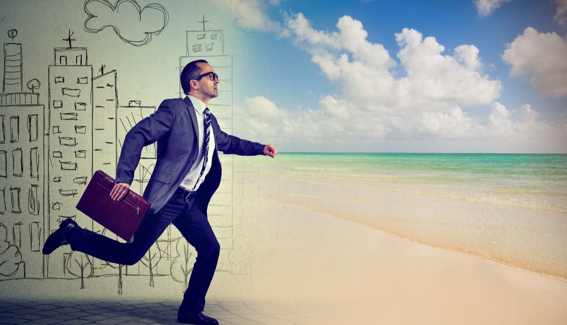 businessman running from illustrated busy city life to the beach