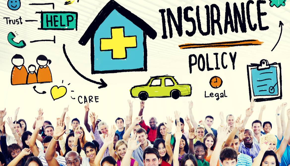 group of people raising hands under illustration of insurance policy