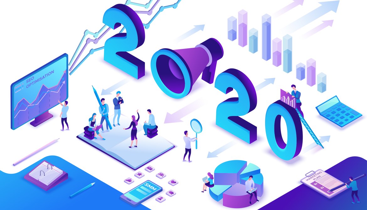 illustration of marketers planning strategy and working with new tools for 2020