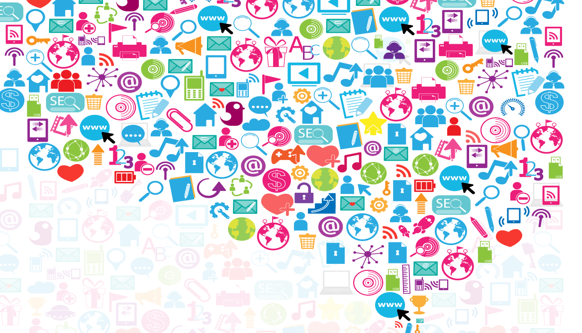 digital marketing and social media icons in shape of thought bubble