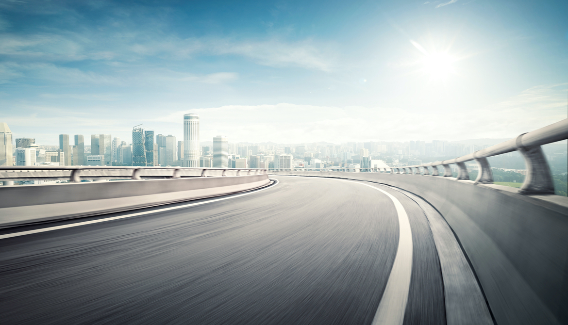  Highway overpass motion blur effect with modern city background