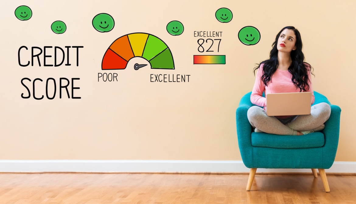 young woman sitting in blue chair ponders illustration of high credit score