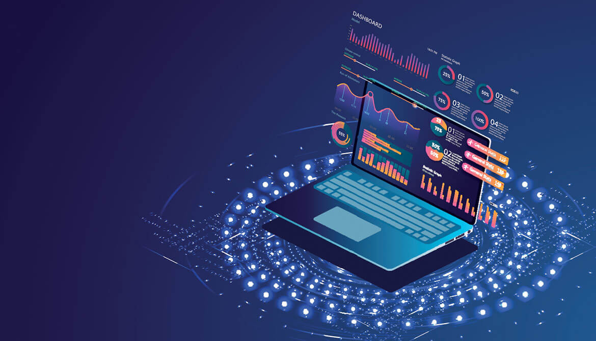 digital illustration of an option laptop displaying data analytics reports and graphs