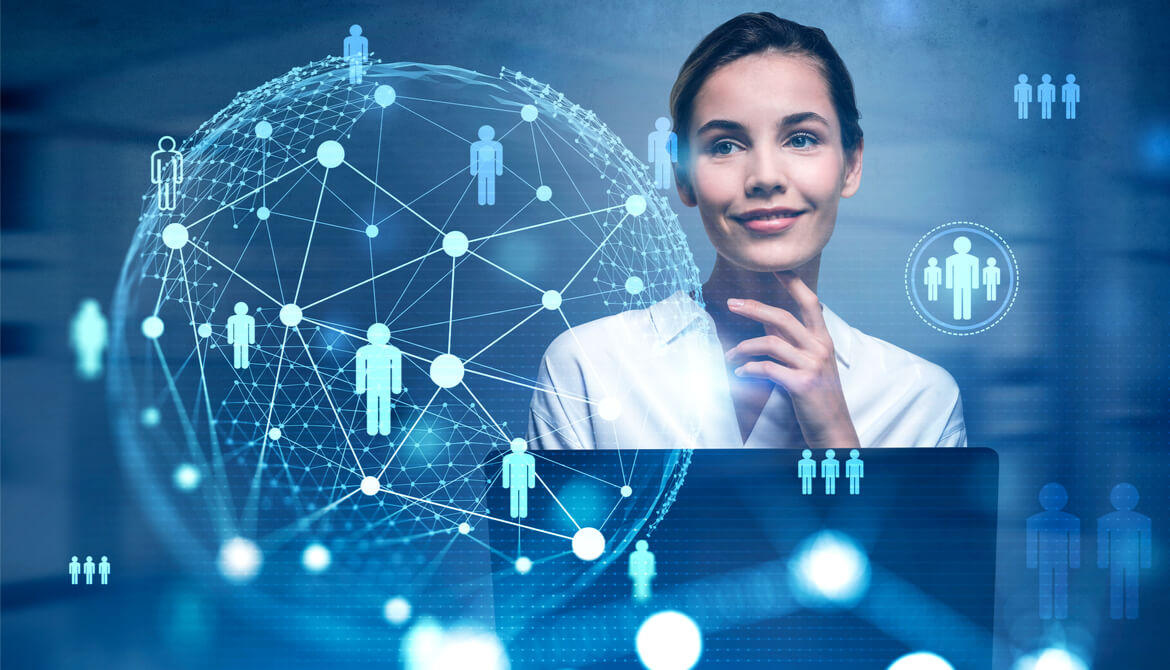 HR businesswoman working on laptop with floating digital image of a network of people and data points