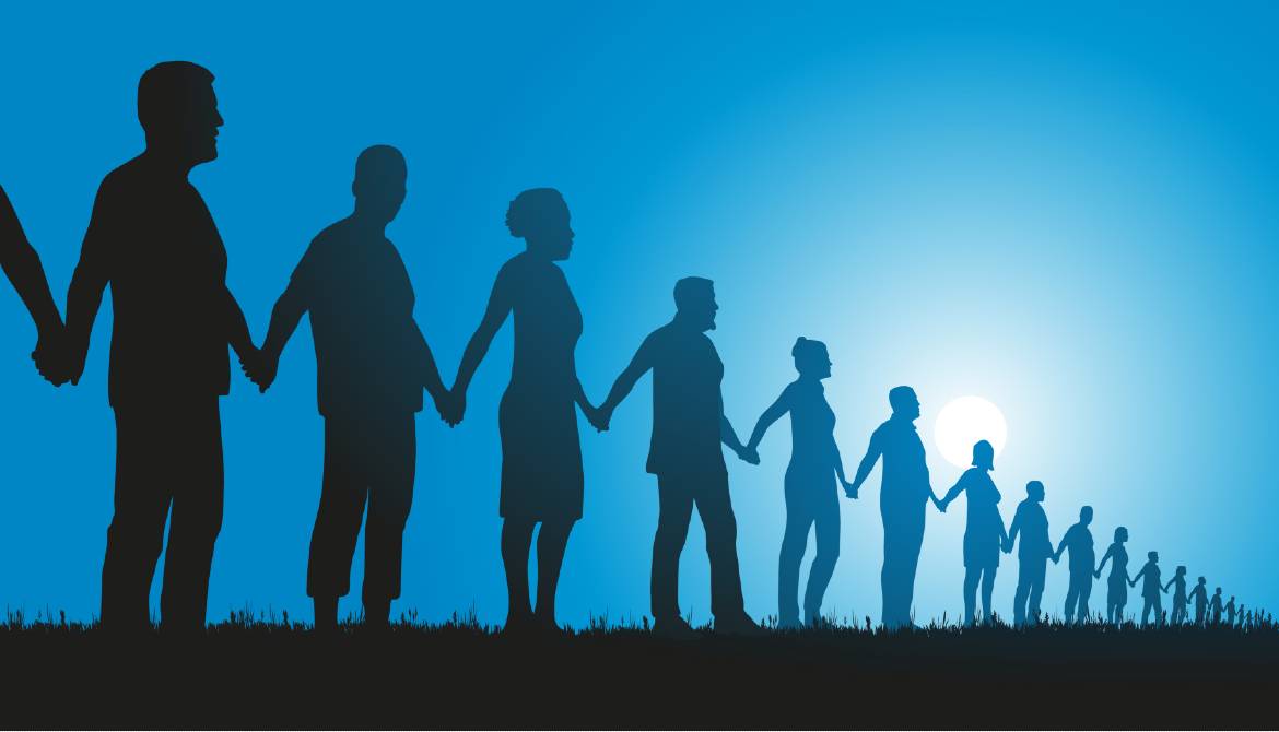 people lined up holding hands on blue sky