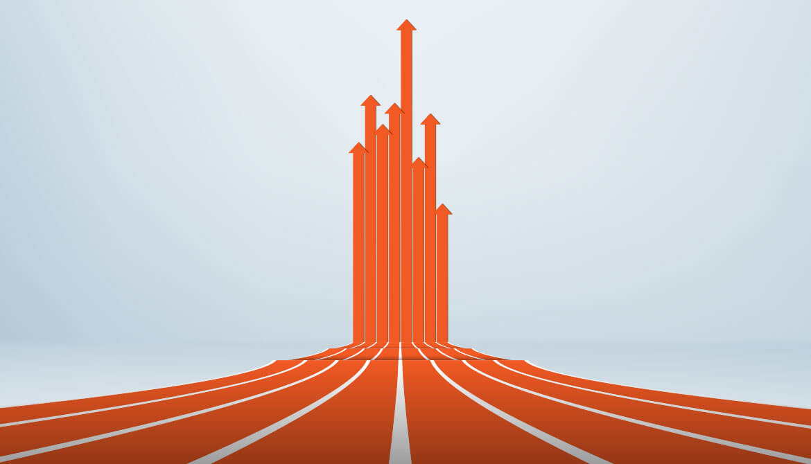 orange racetrack lanes shoot upward at horizon to form rising arrows