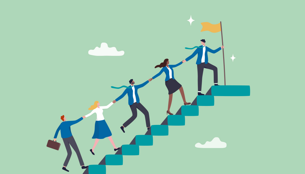 illustration of people climbing stairs holding on to each other - helping each other to the top
