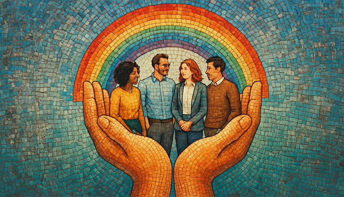 mosiac of people sitting in open hands under a rainbox