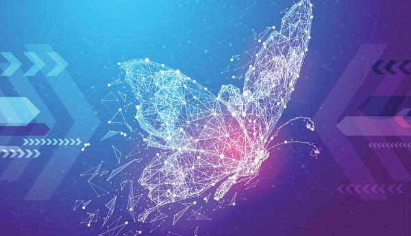 blue and purple digital illustration of a flying butterfly and arrows