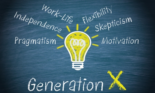 Chalkboard illustration of a lightbulb and descriptors of Generation X such as skepticism and pragmatism
