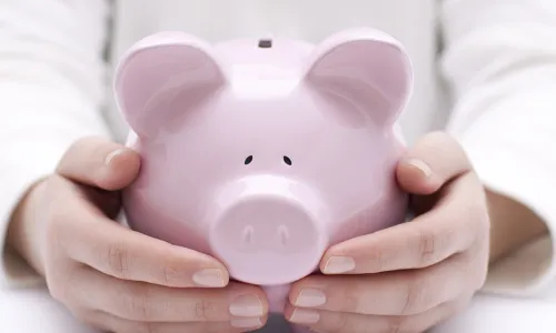 member hands protecting a piggy bank