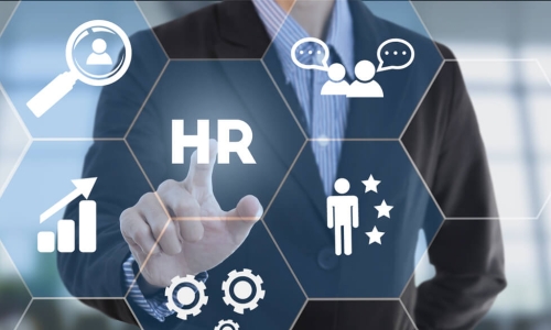 Businessman hand pressing button human resources. sign on virtual screen. business concept. People and culture. 