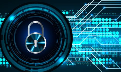 Graphic of a locked padlock on a data vault representing cybersecurity