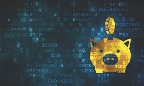 gold coin dropping into a digital piggy bank on a blue digital backdrop