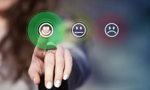 Happy neutral and sad face icons in the foreground with a member in the background selecting the happy face