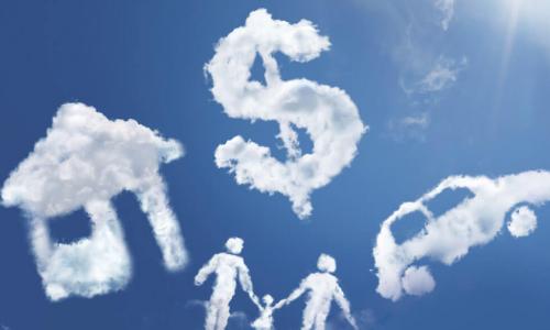 clouds in the shape of a house, car, dollar sign and family