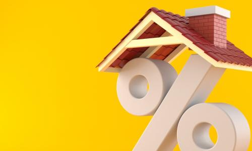 Percent symbol with house roof isolated on orange background 3d illustration