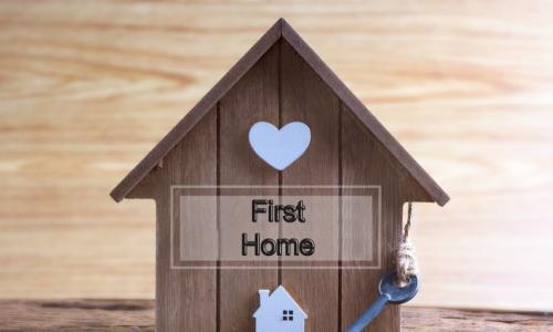 wooden house with a sign that says first home on it