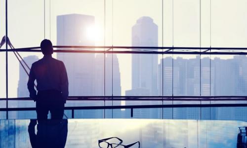 Executive gazing thoughtfully out office window