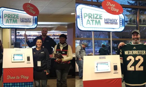 Two photos show the Hiway Federal Credit Union automated prize machine with credit union staff and a winner with a prize hockey jersey.