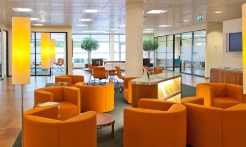 attractive branch lobby or office with welcoming orange seating