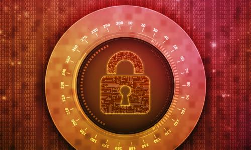 Orange digital illustration of a padlock set into the dial of a combination lock in front of a background of 1s and 0s representing data encryption