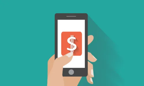 illustration of hand holding phone with self service collections app