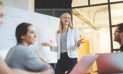 Woman stands in a meeting presenting to her coworkers