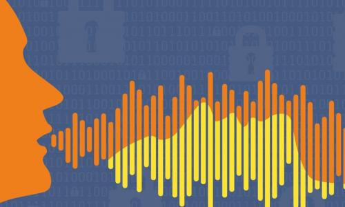 Illustration of person speaking with sound waves over a background of 1s and 0s and padlocks