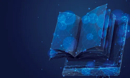 connected blue data points creating the image of a book emerging from a computer monitor