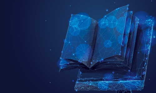connected blue data points creating the image of a book emerging from a computer monitor