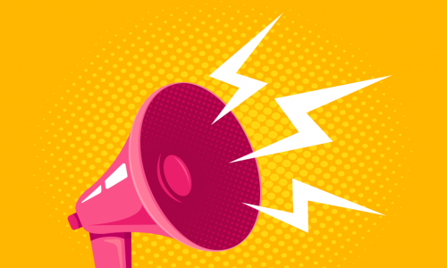 illustration of pink megaphone blasting loud communication on a yellow background