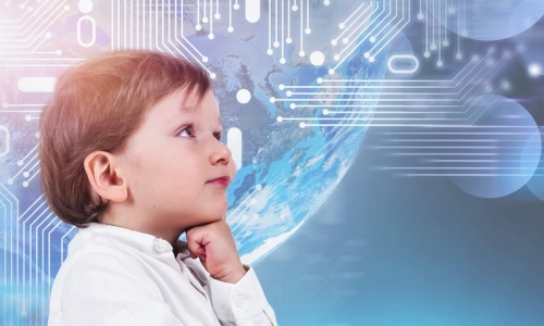 adorable little boy thinking on a technology background