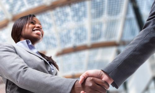 female african american executive shaking hands with a colleague