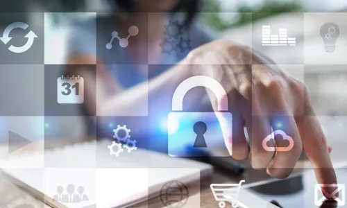 woman touching keyboard with finger with security concept illustration over top