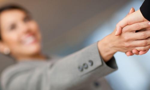 smiling businesswoman greeting a member with a handshake