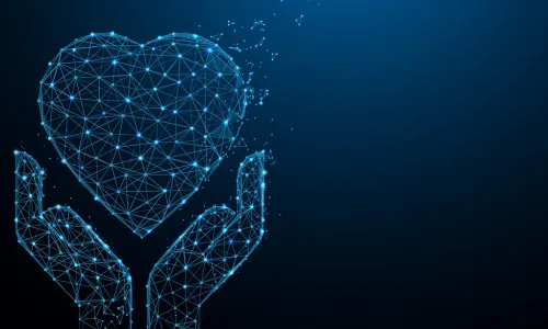 network of data points forming image of hands holding a heart