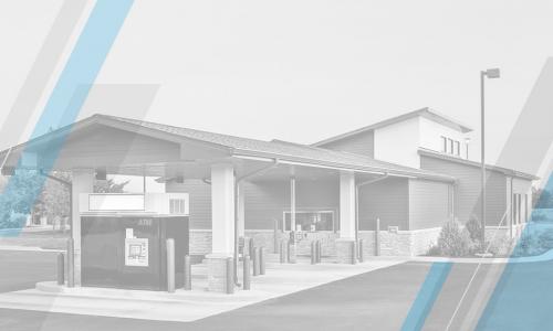 grayscale image of credit union branch with geometric blue and gray overlay