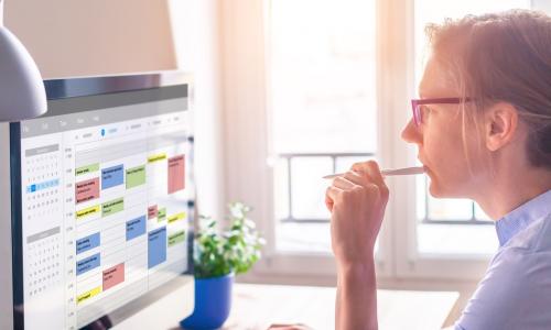 woman reviewing time management calendar app