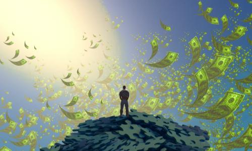 man standing on mountain of puzzle pieces with money in the air around him
