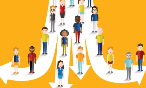 people on a pathway with branches that are arrows on bright yellow background