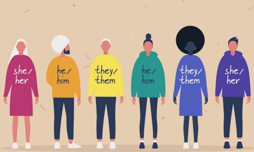 diverse lineup of people wearing sweaters with a variety of pronouns on them